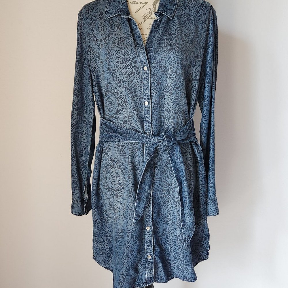 Cloth & Stone Anthropologie Blue Chambray Floral Shirt Dress Tie Waist Tencel - Picture 5 of 11